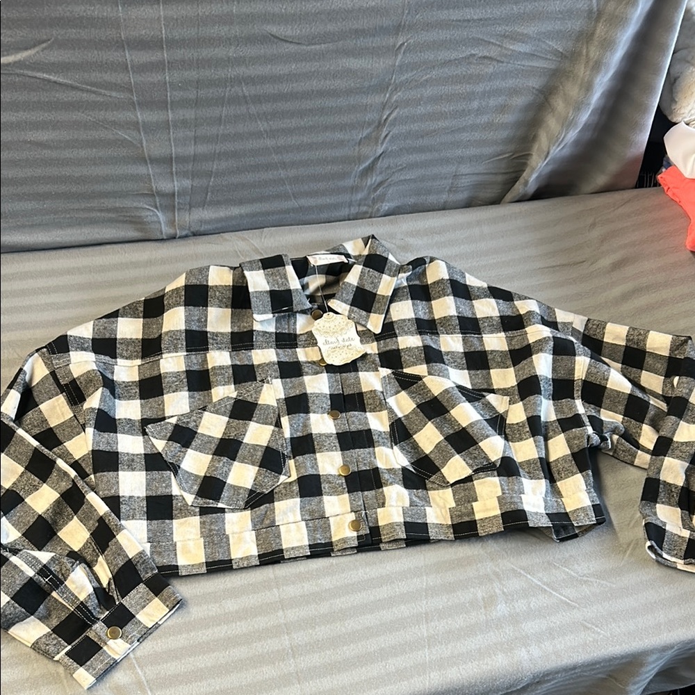 Black and White Plaid Cropped Jacket